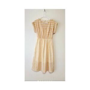 Monteau Los Angeles M Yellow White Striped Midi Dress Short‎ Sleeve Flowy Summer